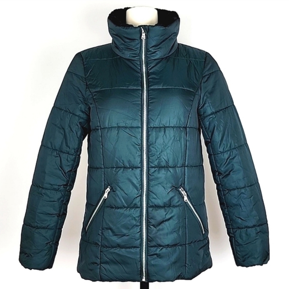 Vero Moda Women's Quilted Winter Emerald Green Jacket Black Faux Fur Collar M - Picture 2 of 14